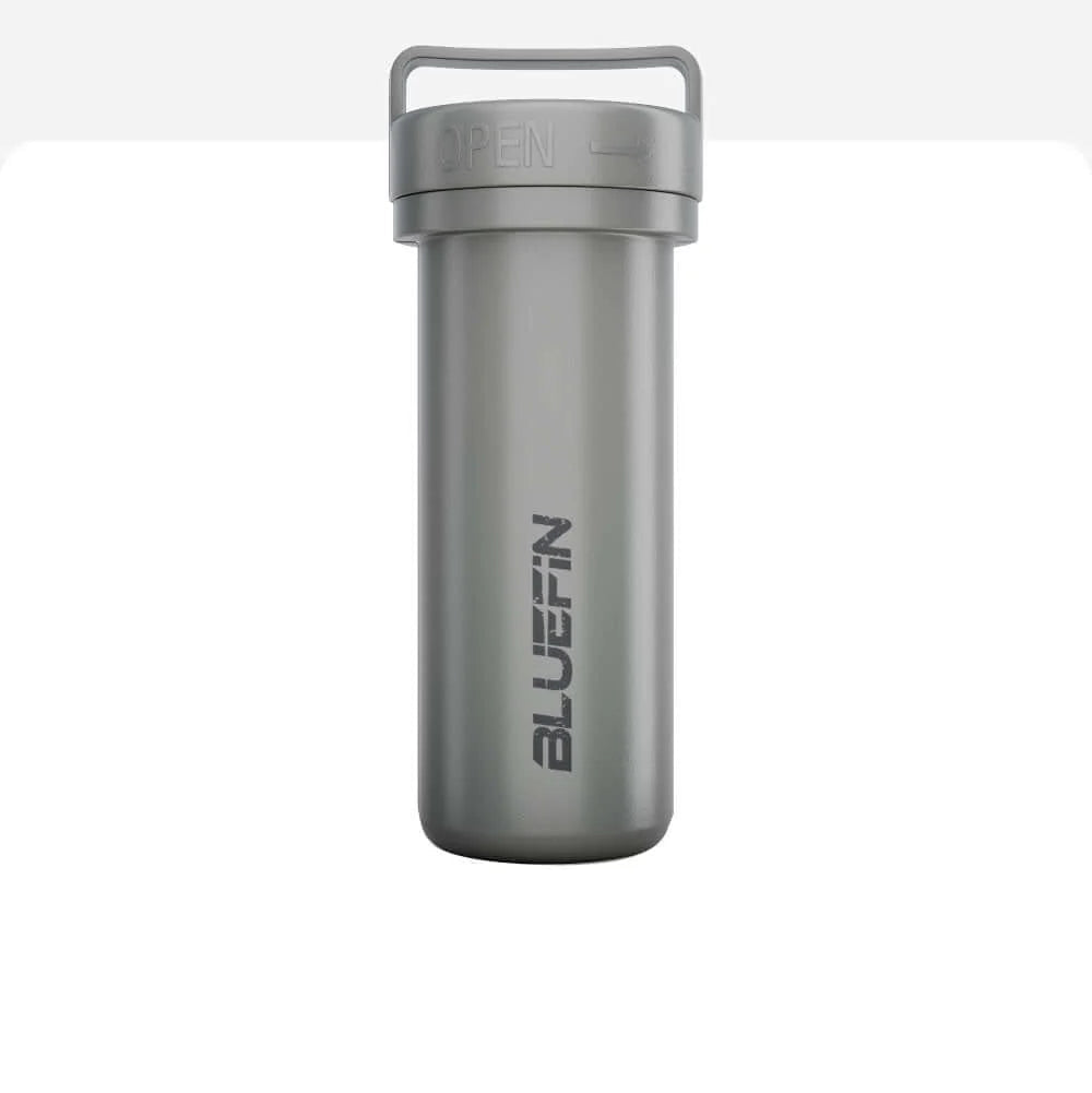 Gray water bottle with 'Bluefin' branding on a white background