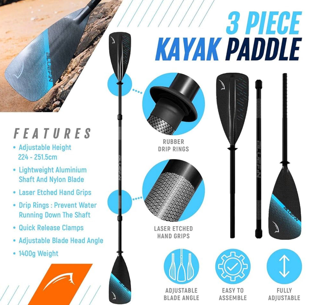 A 3-piece kayak paddle set shown on a white infographic background with feature callouts, including adjustable height, lightweight aluminium shaft and nylon blade, laser-etched hand grips, rubber grip rings, and fully adjustable blade head angle.