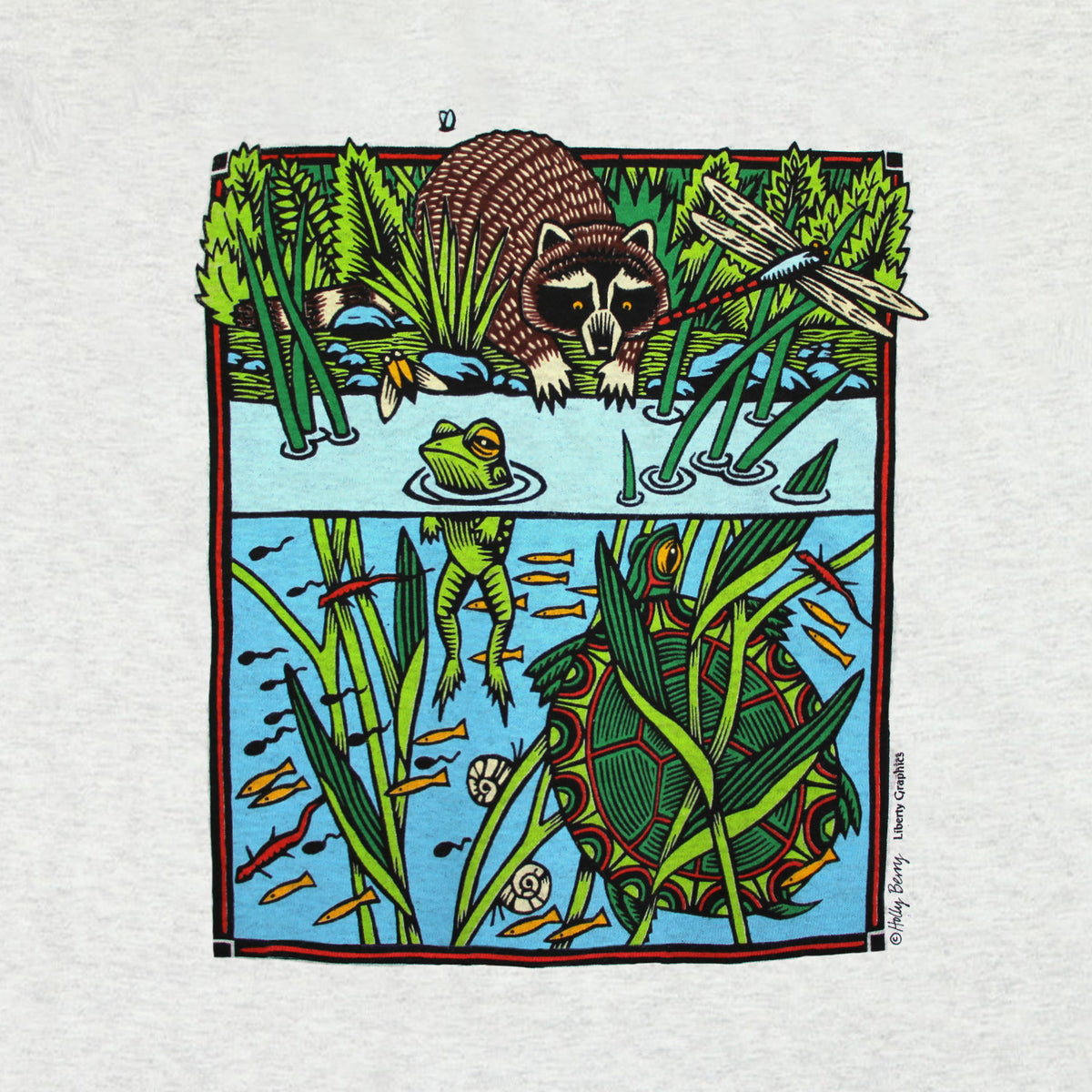 Pond Scene Graphic T-Shirt for Youth by Liberty Graphics. Shown: frog, racoon, dragonfly, turtle, snails, fish, tadpoles, salamander
