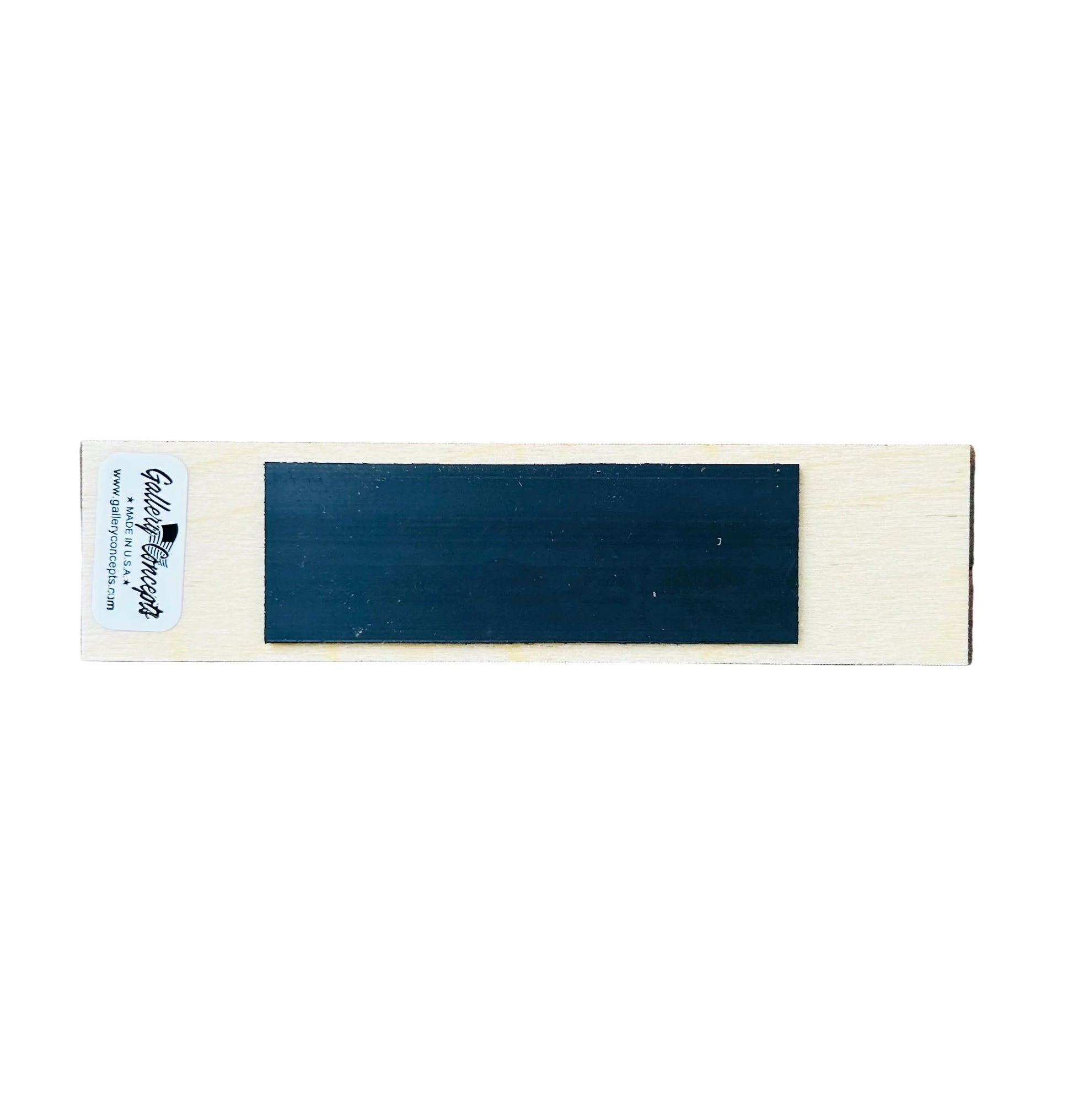 Rectangular blue sample on a wooden surface with a visible brand label.