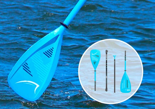 A bright blue paddle resting in blue water, with an inset circle showing the paddle components and alternate views.