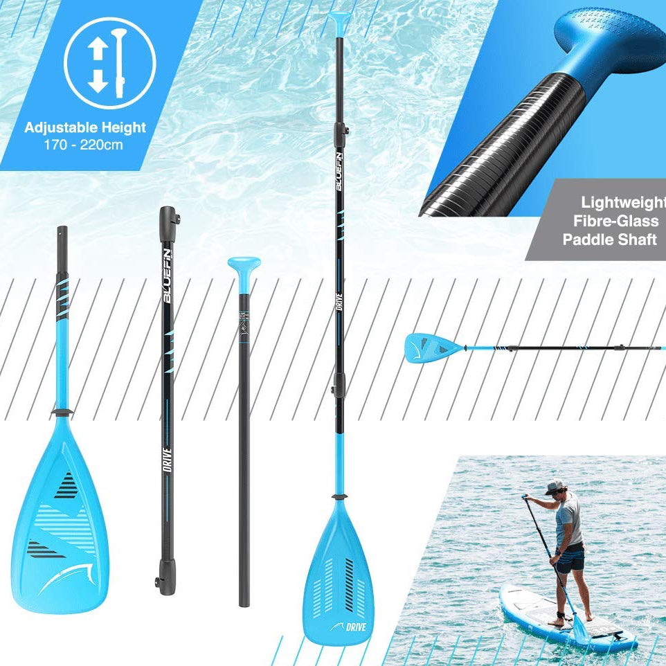 Paddle with adjustable height feature and paddle board on water background