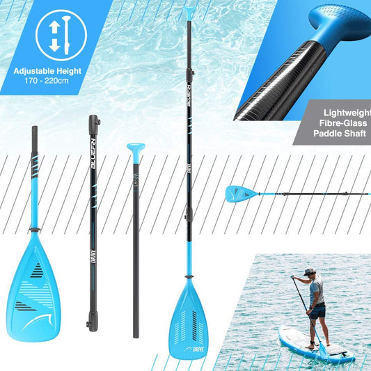 Paddle with adjustable height feature and paddle board on water background