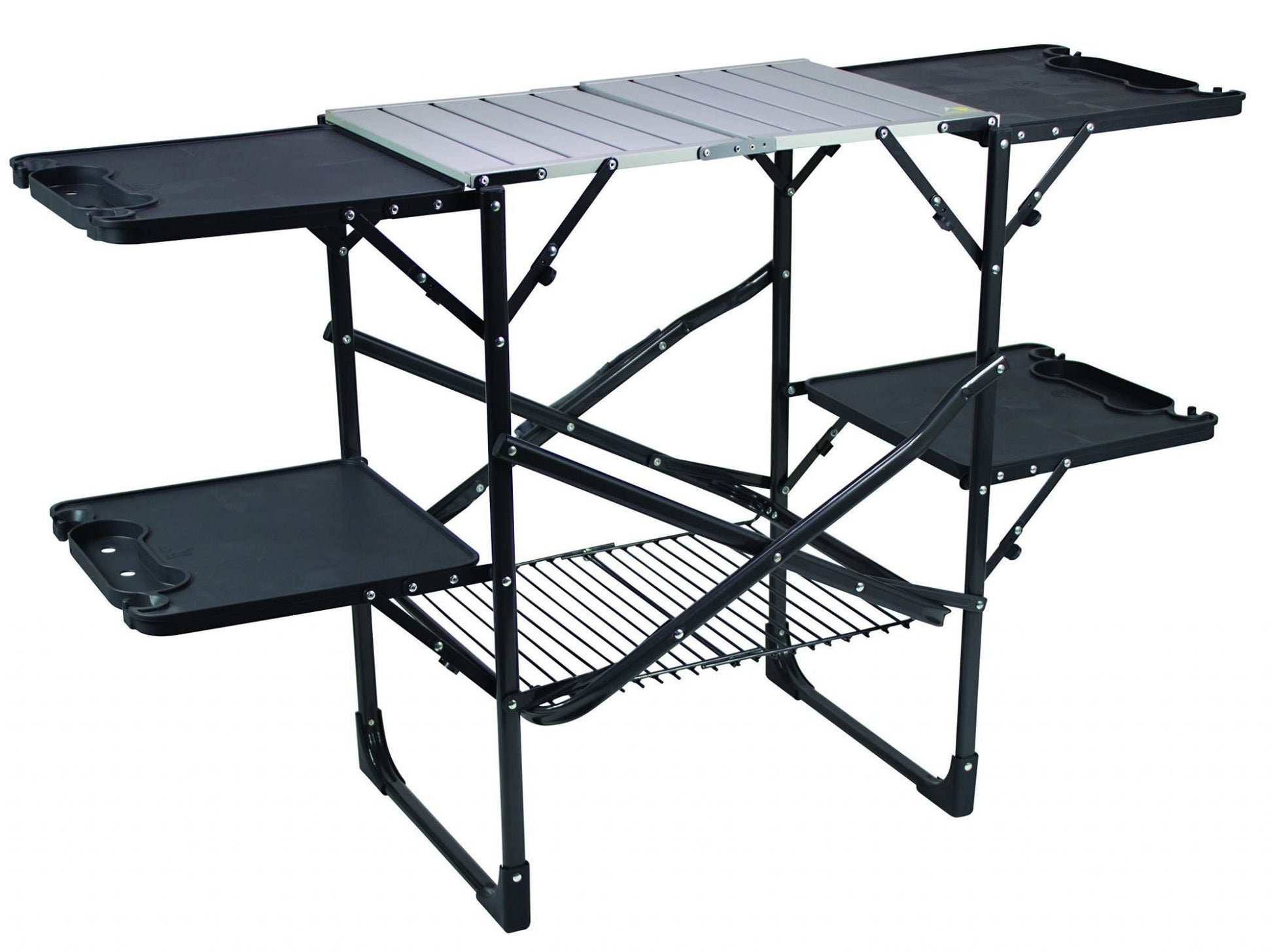Foldable camping table with multiple shelves and a tray on a white background