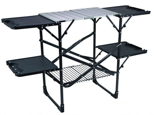 Foldable camping table with multiple shelves and a tray on a white background