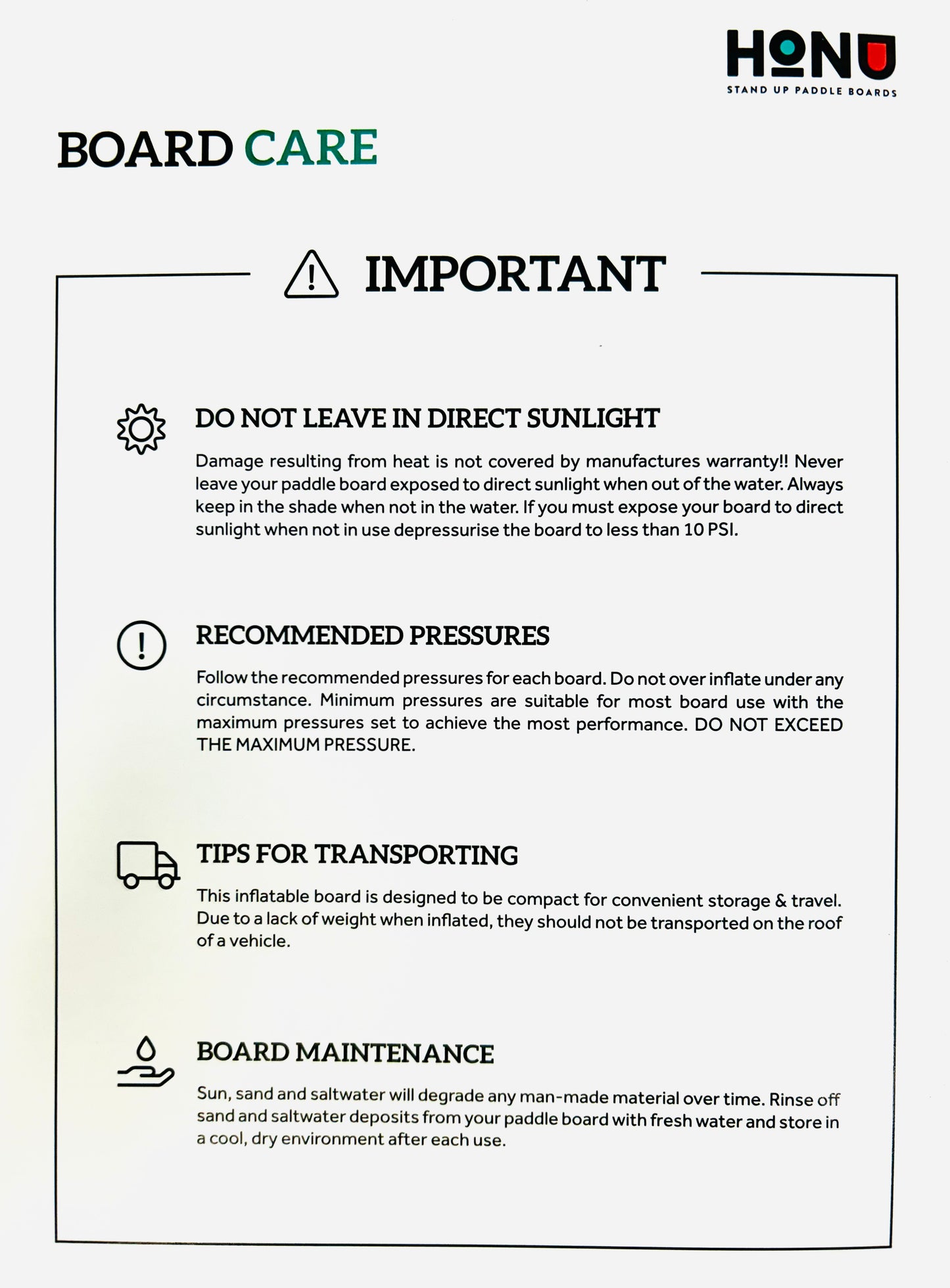 Sheet of paper with text on board care and maintenance, featuring the HONU brand logo.