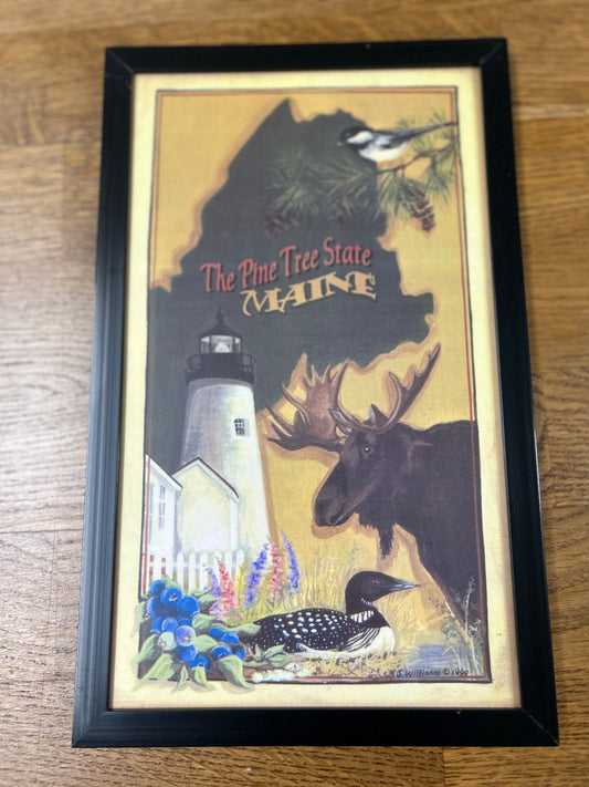 Maine Pine Tree State Animals and Lighthouse Framed Print 6x10