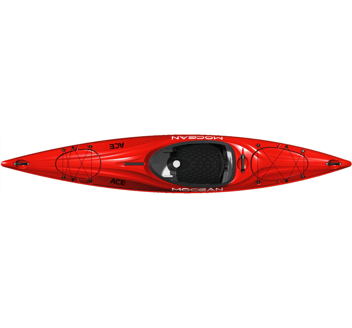 Red Ace kayak with 'Mocan' branding on a white background