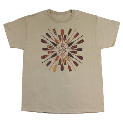 Sand colored t-shirt with a circular design of wooden canoe paddles made by Liberty Graphics, sold by Northern Explorer Supply. Made in the USA.