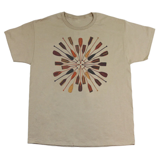 Sand colored t-shirt with a circular design of wooden canoe paddles made by Liberty Graphics, sold by Northern Explorer Supply. Made in the USA.