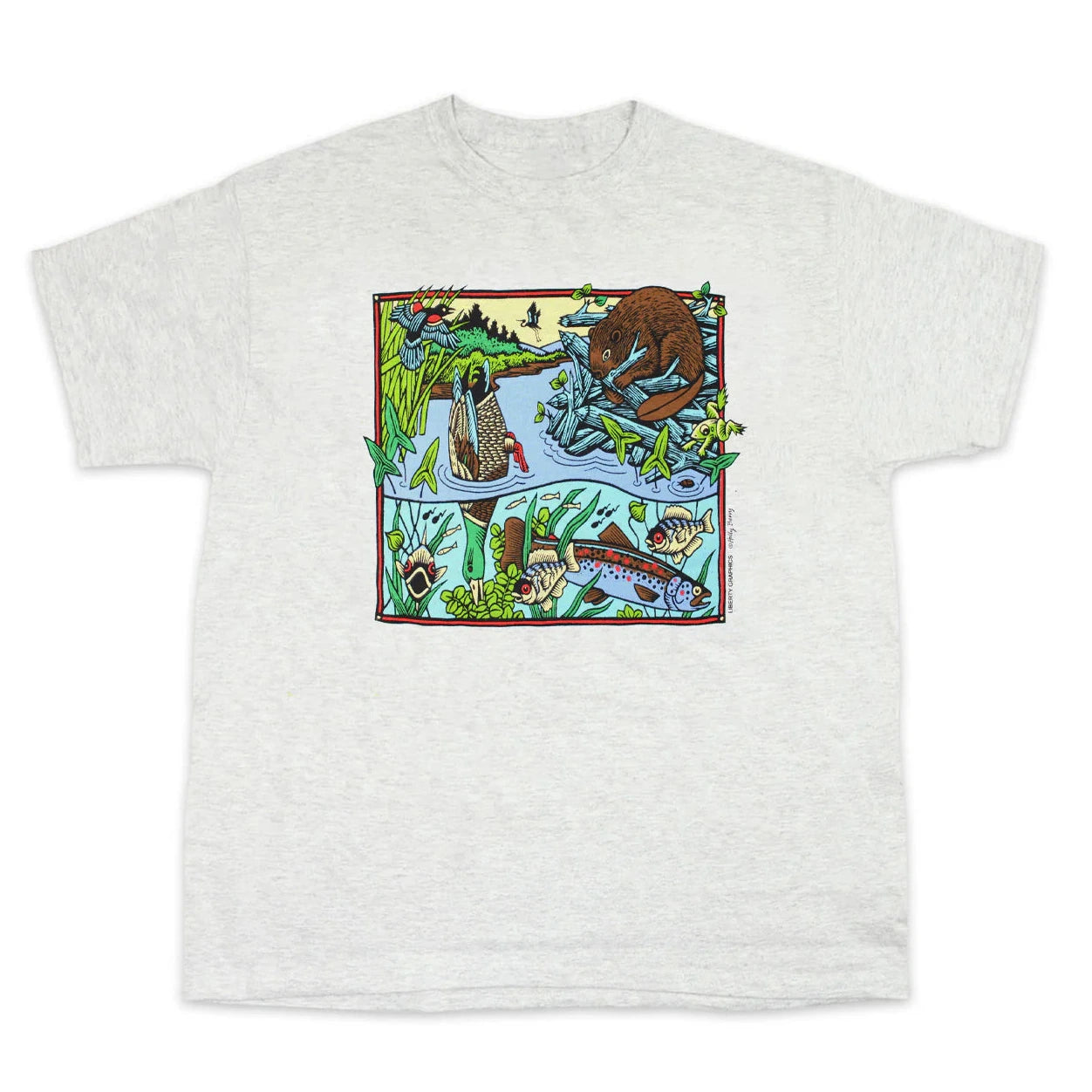 A scene of a beaver, duck, salmon, perch, frog, pheasant, heron in a pond printed onto a 100% cotton t-shirt, made by Liberty Graphics.