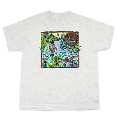 A scene of a beaver, duck, salmon, perch, frog, pheasant, heron in a pond printed onto a 100% cotton t-shirt, made by Liberty Graphics.