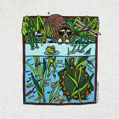 Pond Scene Graphic T-Shirt for Youth by Liberty Graphics.  Shown:  frog, racoon, dragonfly, turtle, snails, fish, tadpoles, salamander