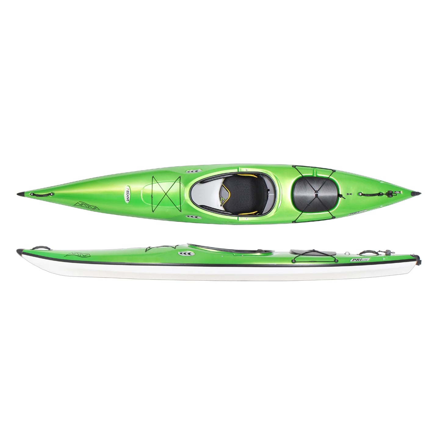 Green kayak with white bottom on a white background