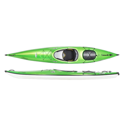 Green kayak with white bottom on a white background