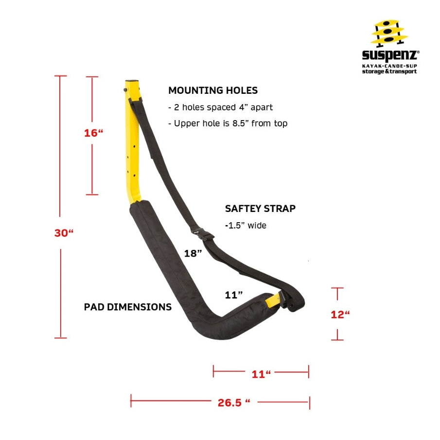 A black and yellow Big EZ kayak rack for garage with dimension annotations showing measurements such as 30 inches, 16 inches, 18 inches, 11 inches, 12 inches, and mounting hole spacing. The Suspenz brand logo appears in the top right corner.