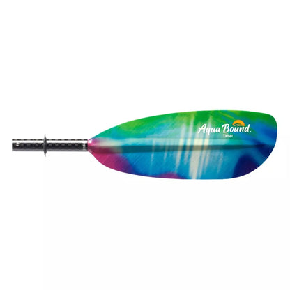 Colorful kayak paddle with 'Aqua Bound' branding on a white background