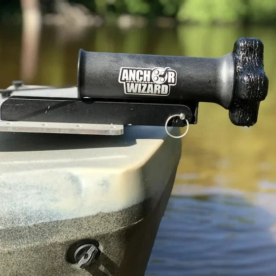 Anchor Wizard anchor on a kayak with water in the background