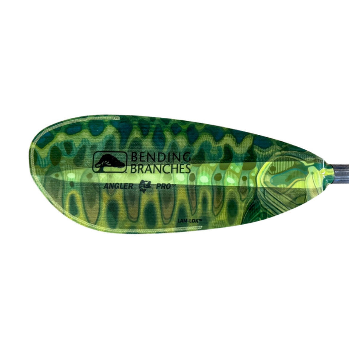Green and black patterned kayak paddle with 'Bending Branches' branding on a white background