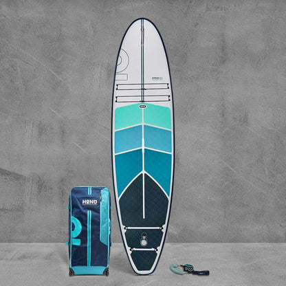 Honu Byron 10' 6" Stand-up paddleboard with blue and white design on a gray concrete background