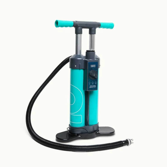 Turquoise hand pump with black hose on a white background