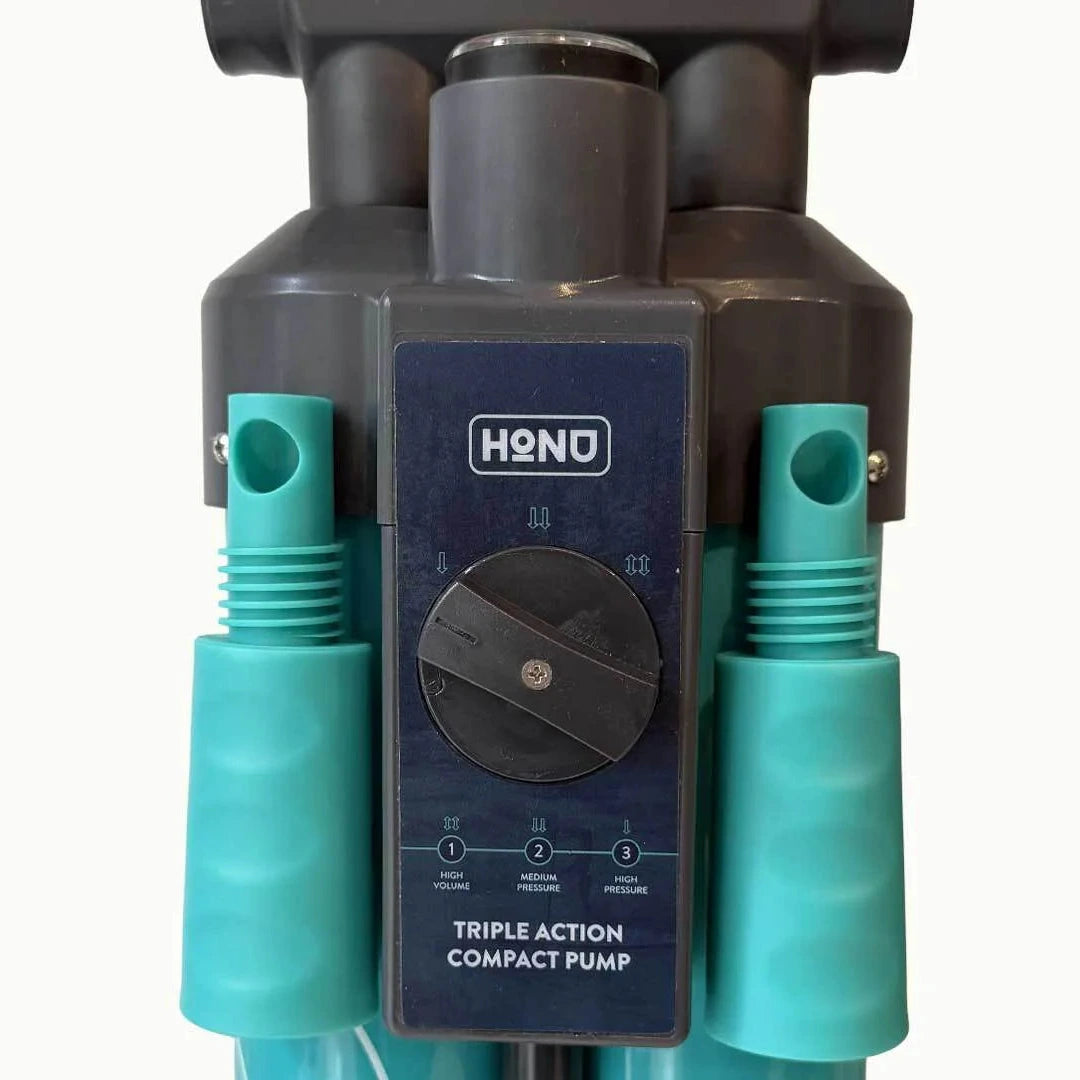 HONU triple action compact pump with teal nozzles on a white background